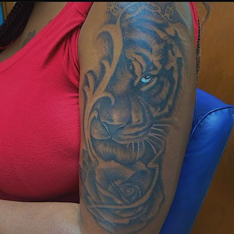 Lion Tattoo Black Women, Tiger Tattoo For Women Arm Sleeve, Black Woman Lion Tattoo, Half Sleeve Tattoos For Women Upper Arm Tiger, Tiger Tattoo For Women Arm, Tiger Half Sleeve Tattoo For Women, Tiger Thigh Tattoo For Black Women, Tattoo Designs Sleeve, Tattoo Designs Skull