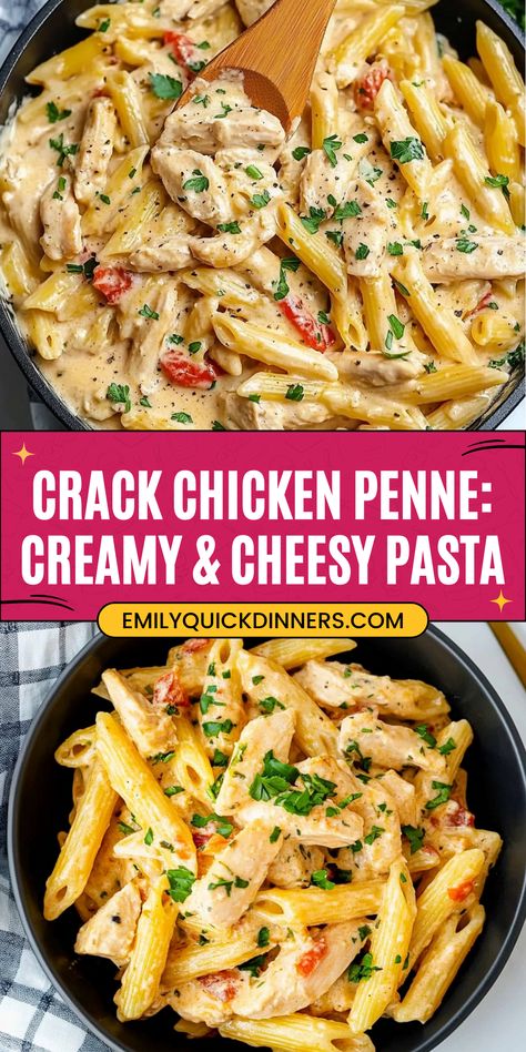 This Crack Chicken Penne is an incredibly delicious and easy pasta dish! Tender chicken, crispy bacon, creamy ranch sauce, and melted cheddar cheese are combined with penne pasta for a comforting and flavorful meal.  Perfect for a weeknight dinner! #CrackChickenPenne #ChickenPenne #PastaRecipes #ChickenRecipes #EasyDinner #CheesyPasta #Bacon #Ranch #CreamCheese #CheddarCheese #WeeknightMeals #ComfortFood #OnePotMeal #30MinuteMeals Chicken Penne Alfredo, Chicken Penne Recipes, Creamy Ranch Sauce, Creamy Cheesy Pasta, Chicken Penne Pasta, Ranch Sauce, Chicken Penne, Chicken Crispy, Creamy Ranch