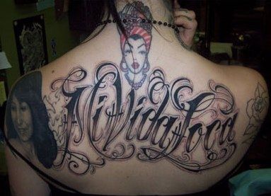 Back tattoos: Carmen Miranda and Mi Vida Loca Mi Vida Loca Tattoo, La Ink Tattoos, Loca Tattoo, Kat Von D Tattoos, Script Tattoo, Girl Face Tattoo, D Tattoo, Tattoo Script, Face Tattoos