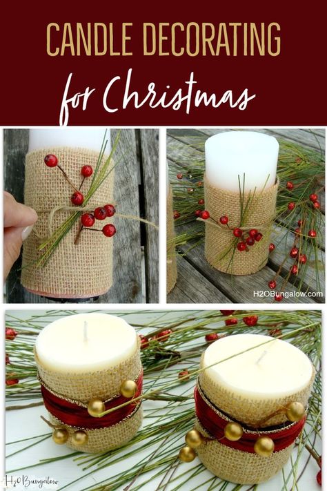 Battery Candles Decor Diy Projects, How To Decorate Candles For Christmas, Glass Candle Holders Decorating Ideas Christmas, Diy Dollar Store Christmas Candles, Candle Decorating Ideas, Christmas Homage Candle Holders, Diy Christmas Candles, Diy Candle Pillars, Christmas Upcycle