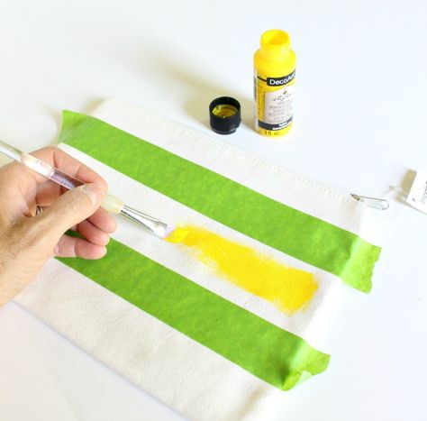 stripe painted zipper pouches step 3 Canvas Pouch Painting Ideas, Painted Pencil Pouch, Painted Canvas Pouch, Paint Color Combinations, Birthday Craft, Pouch Craft, Painting Skills, Pouch Diy, Personalized Makeup Bags