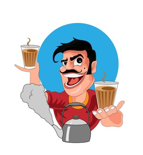 Cartoon man holding a glass of tea and a cup of tea Chai wala Tea Vector Illustrations, Chai Cartoon, Tea Art Illustration, Chai Illustration, Chai Logo, Tea Shop Logo, Chai Art, Chai Shop, Chai Wala