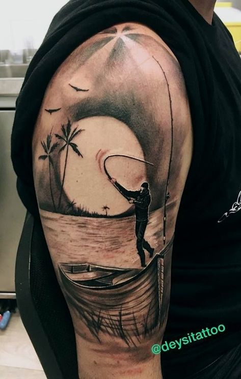 Carp Fishing Tattoo, Tattoo Pesca, Sombras Tattoo, Fisherman Tattoo, Groot Tattoo, Fishing Tattoos, Outdoor Tattoo, Triathlon Tattoo, Carp Tattoo