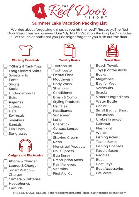 Summer Lake Vacation Packing List! Headed to the lake for some fishing this summer? Check out this great packing list! #thereddoorresort #summervacation #packinglist #upnorthvacation #roadtrip #whattopack Lake Vacation Packing List, Lake House Trip, Lake House Vacation, Summer Vacation Packing, Packing List Template, Holiday Packing Lists, Vacation List, Vacation Packing List, Forgetting Things