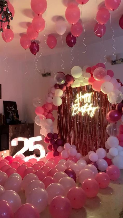 All Pink Brunch Party, Themed Outfits For Party, 25th Birthday Ideas For Her Decoration At Home, Hall Decoration Ideas Party Birthday, How To Decorate For Birthday At Home, 18ty Birthday Party Ideas, Pink 25th Birthday Party Ideas, Bday Party Decorations At Home, Pink Bday Decor