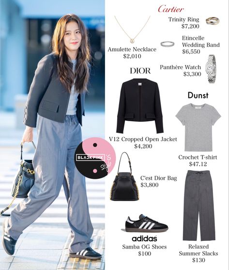 Jisoo Style, Beaded Necklace Outfit, Kpop Closet, Airport Fashion Kpop, Adidas Samba Outfit, Pop Clothing, Samba Outfit, Idol Outfit, Rose Jeans