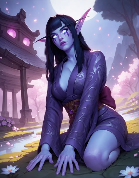 Night elf dressed in yukata #fantasy #warcraft #wow #worldofwarcraft #nightelf #nelf #elf #kaldorei Wow Night Elf Art, Night Elf Female, Wow Night Elf, Drow Character Art, Sun People, Elf Female, Night Elves, Elf Dress, Elf Druid