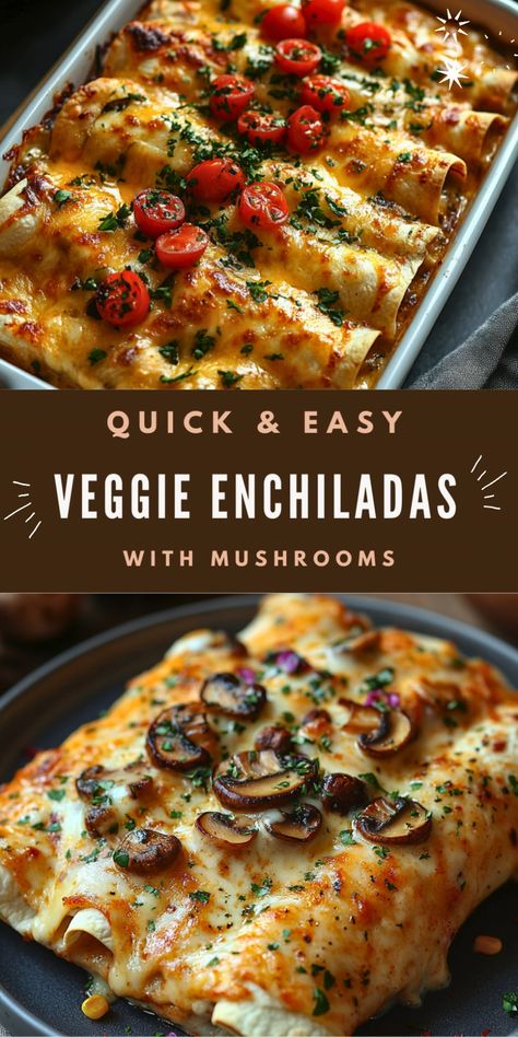 Indulge in these quick and easy veggie enchiladas with mushrooms, topped with a creamy, cheesy sauce and fresh cherry tomatoes. This vegetarian enchilada recipe is perfect for those seeking a satisfying and flavorful meat-free meal.   Packed with fresh vegetables and a hint of spice, this dish makes for a great weeknight dinner or a delicious addition to any Mexican-inspired feast. Try this simple yet delicious recipe for a wholesome, comforting dinner option that everyone will love! Easy Enchiladas Vegetarian, Mediterranean Enchiladas, Veg Enchiladas Vegetarian, Enchilada Recipe Vegetarian, Vegetarian Enchilada Recipe, Enchiladas Vegetarian, Mushroom Enchiladas, Vegetarian Enchiladas Recipe, Vegetarian Enchilada