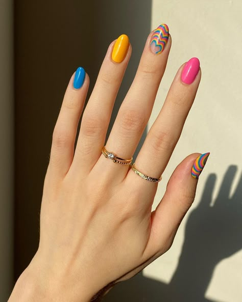 Three Tone Nails, Gay Pride Nail Art, Gay Nail Art, Pan Flag Nails, Pansexual Nails Designs, Subtle Pride Nails Short, Pride Acrylics, Pride Nails 2023, Gay Pride Nails Designs