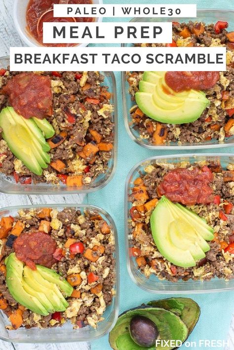 Taco Breakfast Scramble is a healthy, high protein way to start the day. This meal prep dish is whole30 and paleo approved with just sweet potato hash and taco meat with eggs to get your day started with a healthy breakfast. Taco Breakfast Scramble, Taco Scramble, Taco Breakfast, Potato Eggs, Paleo Menu, Breakfast Scramble, Breakfast Taco, Whole30 Meal Prep, Paleo Meal Prep