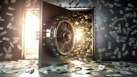 The Door To Wealth And Security 3d Render Of An Open Vault Dispensing Money#pikbest#Backgrounds#Others Money Vault, Money Background, Bank Safe, Contemporary Cabin, Vault Doors, Photography Movies, Money Bank, Music Decor, About Money