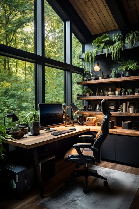 Office In The Woods, Rustic Office Desk Ideas, Rustic Study Room Ideas, Nature Home Office, Woodsy Office Decor, Bedroom Ideas For Gamers, Rustic Office Ideas, Tech Home Office, Rustic Home Office