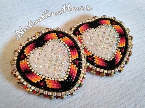 Heart Shaped Beaded Earrings, Heart Beaded Earrings Native American, Circle Beaded Earrings Native American, Beaded Heart Earrings Native, Oval Beaded Earrings Native, Cab Earrings Native American, Native Beaded Cab Earrings, Beaded Medicine Wheel Earrings, Cab Earrings