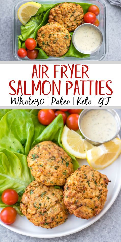 This easy Whole30 air fryer salmon patties are under 10 ingredients, take less than 20 minutes to prep and cook, and are an awesome meal prep recipe. They're also paleo, low carb and keto, and gluten-free! These air fryer patties are made with canned salmon so it's a budget friendly Whole30 recipe made from simple pantry ingredients. #whole30airfryer #whole30salmon #airfryersalmon #salmonpatties #whole30seafood Whole30 Air Fryer, Air Fryer Salmon Patties, Whole30 Salmon Recipes, Low Carb Salmon Patties, Canned Salmon Patties, Whole30 Recipe, Fried Salmon Patties, Paleo Breakfasts, Salmon Burger Recipe