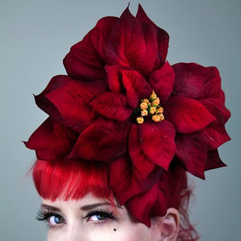 GG's Pin-up Couture Large Velvet Christmas Poinsettia Fascinator Pinup Accessories, Pen Bouquet, Christmas Fascinator, Christmas Headdress, Christmas Headpiece, Christmas Party Hats, Floral Headdress, Pink Hats, Christmas Hair Accessories