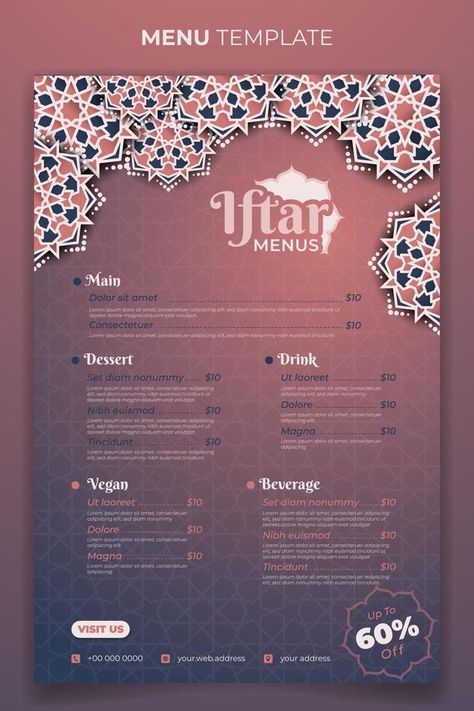 Iftar menu for ramadan kareem food menu with ornamental background design For Ramadan, Menu Template, Iftar, Ramadan Kareem, Design Background, Menu Design, Food Menu, Design Design, Infographic Design