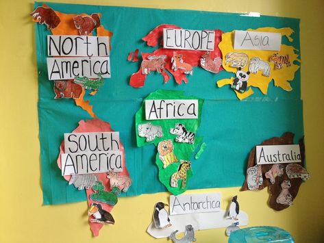 Continents Preschool Activities, Continents Bulletin Board Ideas, Continents Kindergarten, All Around The World Activities For Kids, World Preschool Activities, Continents Activities Preschool, Continent Craft, Preschool Continents, Teaching Continents