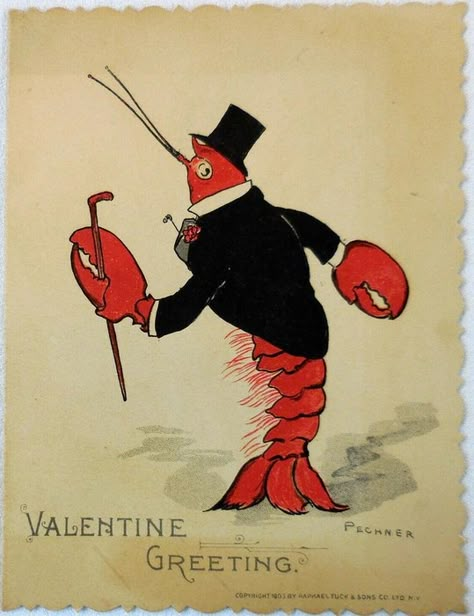 Vintage Illustration Art Retro, Lobster Drawing, Paintbrush Tattoo, Lobster Tattoo, Top Hat And Tails, Lobster Illustration, Valentine Greetings, Vintage Lobster, Victorian Christmas Cards