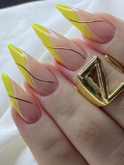 neon nail design: neon yellow side tips with swirls Yellow Stiletto Nails Design, Yellow Almond Nails Design, Yellow And Gold Nails, Peach Acrylic Nails, Cut Dog Nails, Neon Nail Designs, Beachy Nails, Nail Salon Design, Simple Gel Nails