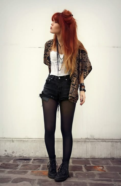 Grunge. Black Boots. Tights. Black Shorts. Cardigan. White Halter Top. Ombre Hair. Pretty. Cute. Outfit. Shorts And Tights, Look Grunge, Goth Outfit, White Halter Top, Shorts With Tights, Edgy Outfits, Black Tights, Looks Style, Mode Inspiration