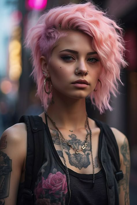 Funky Wavy Haircuts, Punk Haircut Women, Fixing Short Hair Ideas, Punk Prom Hair, Womens Punk Hair, Short Pink Hairstyles, Fashion Color Pixie Hair, Punk Hair Styles Women, Shoulder Length Punk Hair