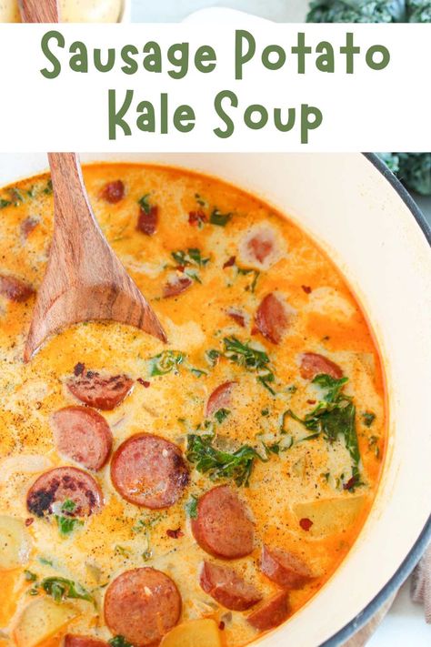 Cozy up with a bowl of comforting sausage potato kale soup, a hearty and flavorful one-pot meal perfect for chilly nights. This easy-to-make soup combines savory sausage, tender potatoes, and nutritious kale in a creamy, flavorful broth that's sure to warm you up. Ideal for busy weeknights or meal prepping, this delicious homemade soup is a family favorite that’s both nourishing and satisfying. Enjoy a taste of comfort with every spoonful of this simple yet delicious sausage kale potato soup recipe! Potato Sausage Kale Soup, Sausage Kale Potato Soup, Sausage Kale Potato, Sausage Potato Kale Soup, Potato And Kale Soup, Potato Kale Soup, Kale Potato Soup, Kale Potato, Sausage And Kale Soup