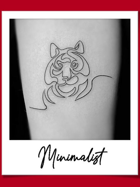 The minimalist tattoo style has really grown in popularity recently. Using simple, clean lines and shading you can create a beautiful effect without a huge amount of ink. Read more about them and see some examples on this page. Small Tiger Tattoo, Tattoos Tiger, Tiger Head Tattoo, One Line Tattoo, Minimal Tattoos, Tiger Tattoo Design, Tattoo Minimalist, Shape Tattoo, Thigh Tattoos Women