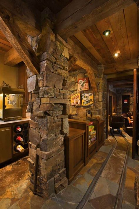 Breathtaking rustic retreat with postcard views of the Bridger Mountains Locati Architects, Basement Home Theater, Rustic Basement, Man Cave Basement, Rustic Retreat, Home Theater Design, Stone Walls, Timber House, Mountain Retreat