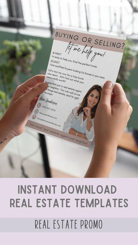 Pin shows a photo of a person holding a real estate flyer that reads, Buying or selling? Let me help you! Pin text reads, Instant download real estate templates - Real Estate Promo. When you click the pin it takes you to Real Estate Promo where you'll find this real estate farming flyer plus tons of other real estate Canva templates. Realtor Advertising, Real Estate Agent Flyer, Real Estate Marketing Postcards, Real Estate Instagram Posts, Real Estate Farming, Realtor Flyers, Promo Flyer, Advertising Flyers, Real Estate Postcards