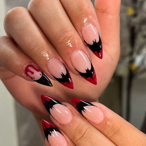 spooky nails • Instagram Spooky Halloween Nails Almond Shape, Halloween French Tip Nail Designs, Almond Spooky Nails, Spooky French Tip Nails, Red Black Halloween Nails, Bat Nails Acrylic, Spooky Stiletto Nails, Spooky Season Nails Stilleto, Vampy Nails Almond