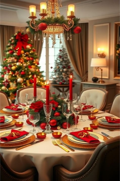 Christmas table setting ideas Large Christmas Table Centerpieces, Square Table Christmas Centerpiece, Cozy Christmas Dining Room, Christmas Centerpieces For Round Tables, Christmas Banquet Table Decorations, Xmas Table Centerpieces, Christmas Table Centerpieces Elegant, Dining Room Decor Christmas, Table Christmas Centerpiece