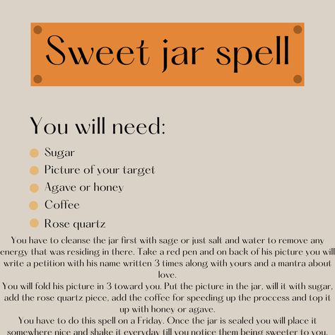 Sweet Spell Jar, Sweetening Jar Spell, Sour Jar Spell Witchcraft, Sweet Jar Spell, Sour Jar Spell, Easy Spell Jars Recipes, Honey Jar Spell, Jar Magic, Spell Bottles