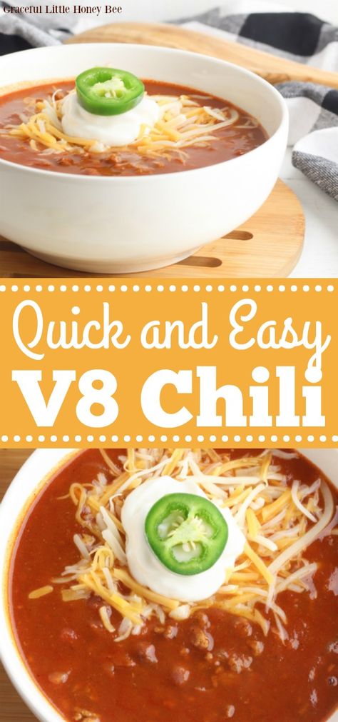 This Quick and Easy V8 Chili uses only six simple ingredients and cooks in one hour. Find the recipe at gracefullittlehoneybee.com #chili #v8 #onepotmeal Chili Recipe With V8 Juice, V8 Chili, V8 Chili Recipe, One Pot Chili, Chili Soup Recipe, Chili Healthy, Chili Recipe Stovetop, Stovetop Chili, Vegetable Juice Recipes