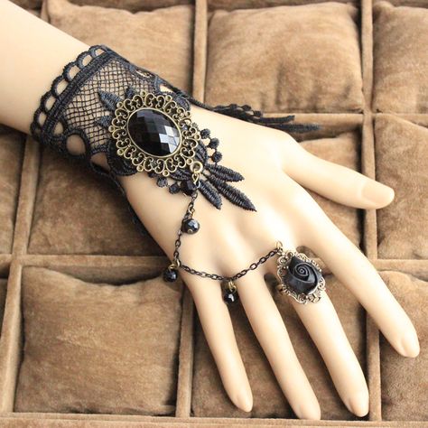 Find More Chain & Link Bracelets Information about Vintage Black lace Bracelets 2014 new Gothic gloves wedding hand accessories hand  jewelry pulseiras femininas,High Quality lace glove,China lace up black leather boots Suppliers, Cheap lace weed from beauty yourself  on Aliexpress.com Black Lace Necklace, Halloween Costume Jewelry, Vampire Necklace, Finger Bracelets, Gothic Bracelet, Black Lace Choker, Gothic Chokers, Lace Bracelet, Gems Bracelet