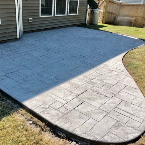 Light Gray Ashlar Slate Stamped Concrete Patio Gray Concrete Patio, Stamp Concrete Patio, Slate Stamped Concrete Patio, Gray Stamped Concrete Patio, Stamped Concert Patio, Modern Stamped Concrete Patio, Stamped Concrete Patio With Fire Pit, Stamped Concrete Patio Ideas, Ashlar Slate Stamped Concrete Patio