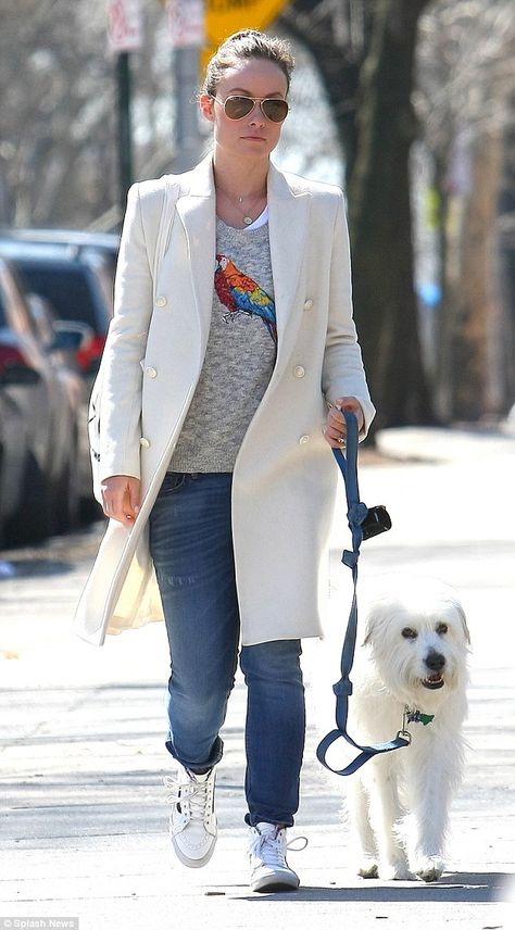 Olivia Wilde managed to make dog walking look stylish as she was pictured talking a stroll with her pooch Paco on Friday Olivia Wilde Style, Alexa Chung Style, Biker Chic, Olivia Wilde, White Coat, Celebrity Street Style, Dog Walker, Alexa Chung, Look Stylish