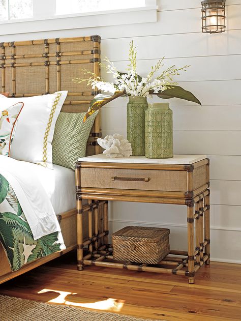 Tommy Bahama Bedroom, Tommy Bahama Decor, Aspirational Lifestyle, Open Nightstand, Rattan Bed, Rattan Headboard, Tommy Bahama Home, Lexington Home, Lexington Furniture