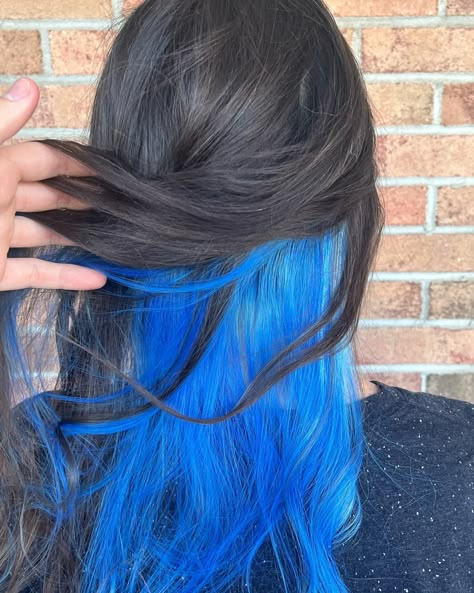 BrandonMatthews | Tampa Hairstylist & Colorist | blue peek-a-boo color 🦋😍 - - - - - - - #celestialhairgallery #hair #hairstylist #haircolor #bluehair #subtlehaircolor #creativehaircolor… | Instagram Blue Underside Hair, Peek A Boo Dyed Hair, Peekaboo Hair Dye Ideas, Under Purple Hair, Blue Peekaboo Hair Brown, Peek A Boo Blue Hair, Under Hair Color Blue, Brown Hair With Blue Underneath, Blue Hair Ends