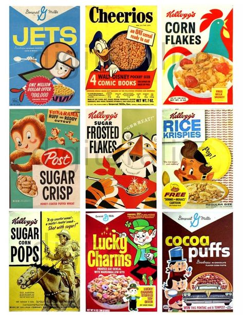 VINTAGE CEREAL BOXES 1 Digital Download Collage Sheet Play | Etsy Dolls Miniature, Vintage Cereal, Food Collage, Food Vintage, Barbie Food, Cereal Boxes, Food Tags, Miniature Printables, Doll Food