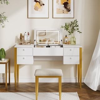 Makeup Vanity Desk with Mirror and Multiple Storage Options Dresser - On Sale - Bed Bath & Beyond - 37506937 Desk For Makeup And Work, Bedroom Vanity Desk, Makeup Vanity Storage, Vanity Desk With Mirror, Desk With Mirror, Makeup Vanity Desk, Makeup Vanity Set, Dresser Table, Mirrored Vanity Desk