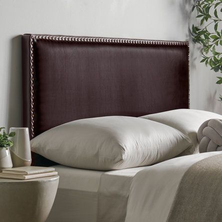 Brown Upholstered Headboard, Brown Leather Headboard Bedroom, Brown Leather Bed Bedroom Ideas, Brown Headboard Bedroom, Leather Headboard Bedroom, Teal And Gold Bedroom, Brown Bedrooms, Brown Headboard, Upholstered Panel Headboard