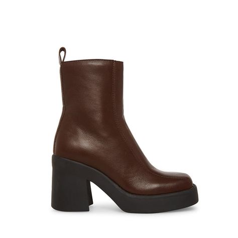 HOPE Brown Leather Platform Bootie | Women's Square Toe Ankle Boots – Steve Madden Brown Platform Boots, Brown Block Heels, Square Toe Ankle Boots, Madden Boots, Steve Madden Store, Platform Block Heels, Chunky Block Heels, Platform Heel, Fashion Board