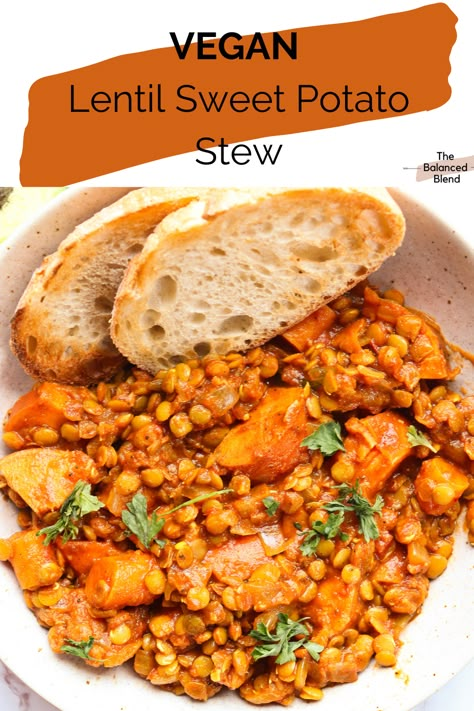 This cozy red lentil and sweet potato stew is so warming- making it perfect for Fall and Winter! This Warming Stew is packed with spices, nutrients, and its high protein because of the red lentils and sweet potato! You will absolutely love this spiced stew – I love making it for meal prep for the week so that I have a healthy dinner ready for at least 3 days! #Vegan #GlutenFree #Fall #Winter Prep Dinner For The Week, Lentils Sweet Potato, Vegan Stews, Lentil Sweet Potato, Vegan Stew Recipes, Sweet Potato Stew, Fiber Recipes, Potato Stew, Dinner Party Dishes