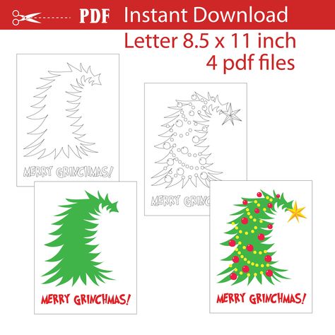 Grinch Tree Coloring Page, Grinch Christmas Tree Drawing, Christmas Tree Drawing Easy, Grinch Designs, Christmas Tree Stencil, Christmas Tree Printable, Grinch Trees, Christmas Tree Drawing, Tree Doodle