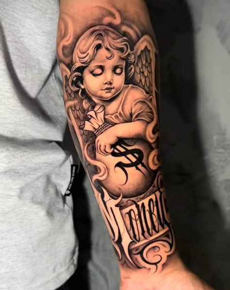 Angel With Money Tattoo, Trap Tattoos Men Shoulder, Chicano Angel Tattoo, Money Bag Tattoo, Tattoo Mafia, Baby Angel Tattoo, Space Tattoos, Chicano Tattoos Sleeve, Japanese Flower Tattoo