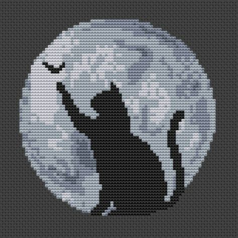 Cross Stitch Cat, Black Cat Cross Stitch, Hoop Art Embroidery, Cat Cross Stitches, Art Pdf, Moon Black, Pixel Crochet, Cat Cross Stitch Pattern, Tapestry Crochet Patterns