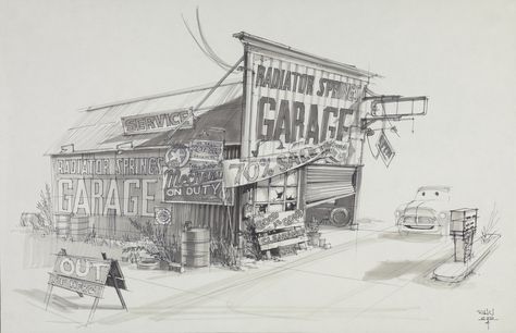 Garage Concept Art, Food Art Painting, Pixar Films, Mechanic Garage, Garage Design, Film Art, Pixar Cars, Visual Development, Disney Films