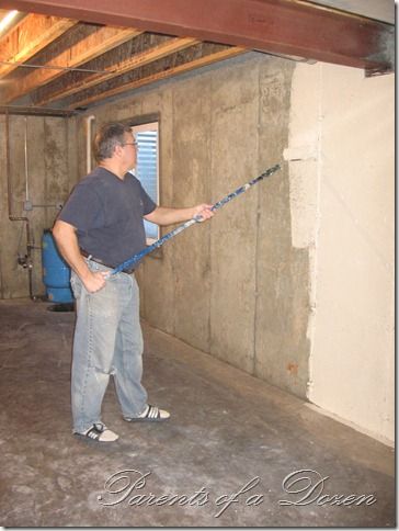 Parents of a Dozen: Painting an Unfinished Basement Unfinished Basement Walls, Concrete Basement, Basement Painting, Basement Organization, Basement Laundry Room, Basement Gym, Basement Playroom, Basement Inspiration, Basement Laundry