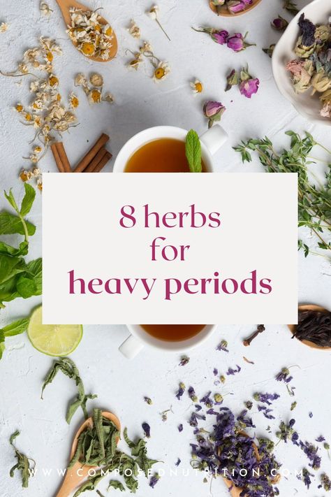 In this post you’ll learn about herbs for heavy periods and remedies for PMS relief during the luteal phase or pain with endometriosis! Herbal remedies are one way to have a better period, reduce PMS, and support a healthy menstrual cycle naturally. Find more period hacks and natural relief for heavy periods at composednutrition.com. Natural Remedies For Menstrual Cycle, Natural Period Relief, Natural Remedies For Heavy Periods, Natural Relief For Menstrual Cramps, Herbs For Heavy Periods, Painful Periods Remedies, Herbs For Menstrual Cycle, Heavy Period Remedies, Teas For Menstrual Cycle