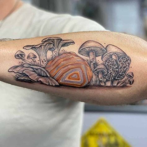 24 Quirky Mushroom Tattoo Designs and Popular Meanings Agate Tattoo, Indian Headdress Tattoo, Creature Tattoo, Gladiolus Tattoo, Spider Web Tattoo, Mushroom Tattoo, Turkey Tail Mushroom, Mushroom Tattoos, C Tattoo